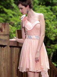 One Shoulder Pink Side Zipper Evening Dress Beading Sleeveless Floor Length