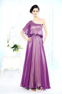 Latest One Shoulder Beading Prom Gown Purple Side Zipper Half Sleeves Floor Length