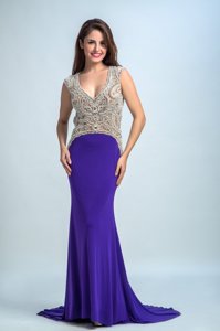 Unique Floor Length Purple Prom Dresses V-neck Sleeveless Backless