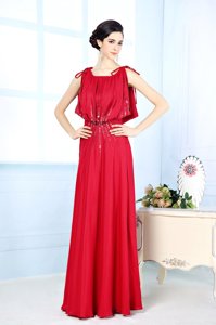 Red Satin Side Zipper Scoop Sleeveless Floor Length Dress for Prom Beading