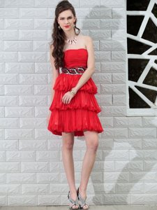 Dazzling Column/Sheath Evening Dress Red Strapless Chiffon Sleeveless Knee Length Side Zipper