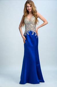 Beading Prom Dresses Royal Blue Backless Sleeveless Floor Length