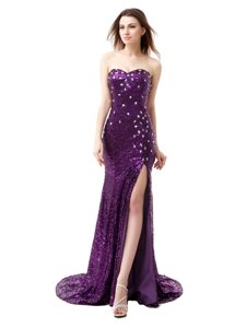 Fantastic Mermaid Purple Sleeveless Sequined Brush Train Side Zipper Homecoming Dress for Prom
