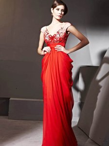 Charming Floor Length Red Prom Dress Chiffon Cap Sleeves Beading and Appliques and Ruching