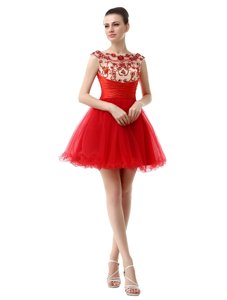 Cap Sleeves Organza Mini Length Zipper Prom Party Dress in Red for with Beading and Ruching