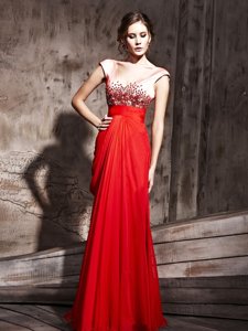 Great Floor Length Coral Red Homecoming Dress Chiffon Cap Sleeves Beading
