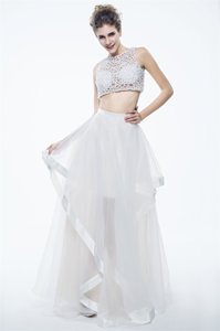Suitable Scoop Floor Length Column/Sheath Sleeveless White Prom Dress Zipper