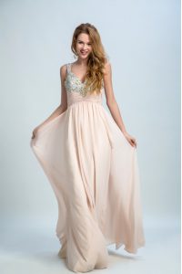 Customized Champagne Zipper Straps Beading Prom Dress Chiffon Sleeveless Brush Train