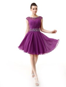 New Arrival Scoop Beading and Ruffles Evening Dress Dark Purple Side Zipper Cap Sleeves Mini Length