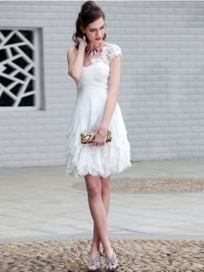 White Empire Organza One Shoulder Sleeveless Lace and Ruffles Mini Length Zipper Prom Evening Gown
