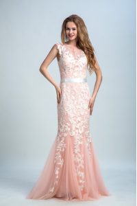 Spectacular Lace Peach Zipper Sleeveless Floor Length