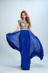 Chic Cap Sleeves Chiffon Floor Length Zipper in Royal Blue for with Beading