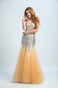 Modest Gold Tulle and Sequined Zipper Prom Dresses Sleeveless Floor Length Sequins