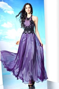 Halter Top Purple Zipper Prom Party Dress Lace Sleeveless Floor Length