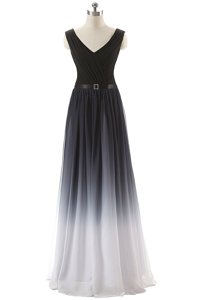 Pretty Black Lace Up V-neck Ruching and Belt Prom Dresses Chiffon Sleeveless
