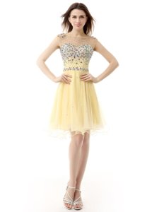 Beautiful Empire Dress for Prom Light Yellow Bateau Organza Sleeveless Knee Length Zipper
