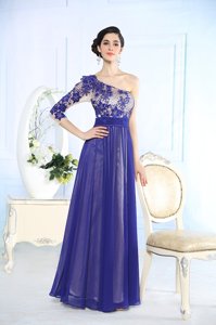 Glittering Blue One Shoulder Neckline Beading and Appliques Prom Dresses Long Sleeves Side Zipper