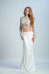 Trendy Floor Length White Homecoming Dress Elastic Woven Satin Long Sleeves Beading