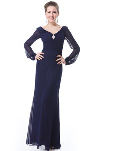 Navy Blue Column/Sheath Ruching Side Zipper Organza Long Sleeves Ankle Length