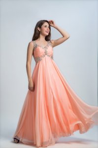 Orange Organza Backless Straps Sleeveless Floor Length Dress for Prom Beading