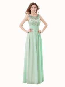 Scoop Beading and Bowknot Homecoming Dress Apple Green Zipper Sleeveless Floor Length