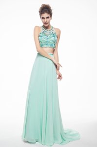 Graceful Brush Train Column/Sheath Prom Evening Gown Apple Green Scoop Chiffon Sleeveless With Train Criss Cross