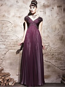 Lovely Purple Column/Sheath Chiffon V-neck Cap Sleeves Beading and Ruching Floor Length Side Zipper Prom Gown