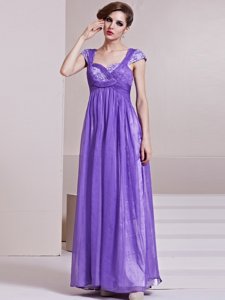 Adorable Lavender Square Neckline Sequins and Ruching Dress for Prom Cap Sleeves Side Zipper