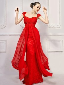 Inexpensive With Train Red Evening Dress Sweetheart Cap Sleeves Brush Train Lace Up