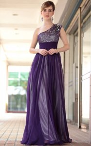 Stylish One Shoulder Floor Length Empire Sleeveless Purple Prom Gown Side Zipper