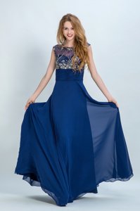 Scoop Navy Blue Sleeveless Floor Length Beading Zipper Prom Evening Gown