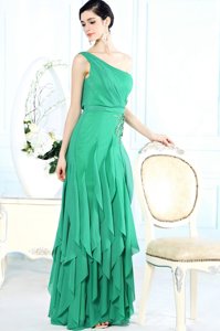 On Sale One Shoulder Sleeveless Chiffon Prom Gown Appliques Side Zipper
