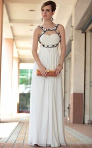 Smart White Chiffon Side Zipper Prom Dresses Sleeveless Floor Length Beading and Ruching