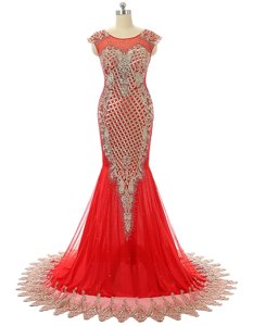 Scoop Sleeveless Beading and Lace Zipper Prom Dresses with Red Brush Train