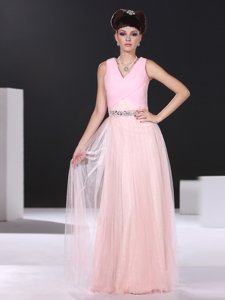 V-neck Sleeveless Prom Evening Gown Floor Length Beading and Ruching Pink Organza