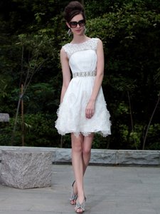 Decent Scoop White Zipper Prom Gown Beading and Belt Sleeveless Mini Length
