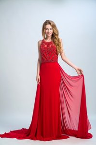 New Style Chiffon Scoop Sleeveless Court Train Side Zipper Beading in Red