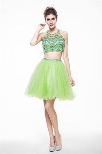 Attractive A-line Chiffon Scoop Sleeveless Beading Knee Length Backless Dress for Prom