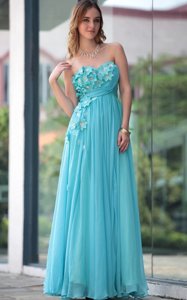 Noble Aqua Blue Sweetheart Neckline Beading and Hand Made Flower Prom Evening Gown Sleeveless Zipper