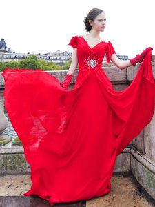 Cheap Red Chiffon Lace Up Evening Dress Cap Sleeves With Brush Train Beading and Ruching