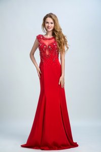 Mermaid With Train Red Prom Dresses Scoop Sleeveless Brush Train Side Zipper
