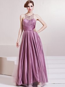 Lilac Zipper Scoop Beading and Ruching Prom Evening Gown Taffeta Sleeveless