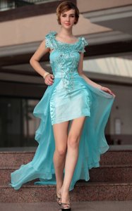 Best Selling Aqua Blue Column/Sheath Scoop Sleeveless Chiffon High Low Zipper Beading and Sequins Prom Dress