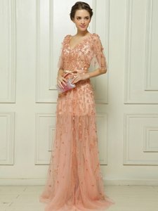 Popular Brush Train Column/Sheath Evening Dress Peach V-neck Tulle Cap Sleeves With Train Zipper