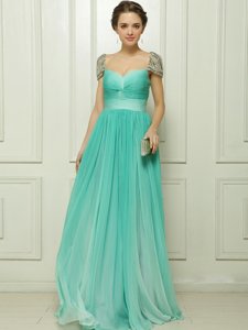 Cap Sleeves Beading and Ruching Zipper Prom Party Dress
