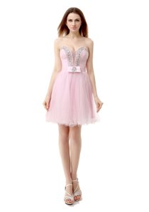 Most Popular Sleeveless Tulle Knee Length Zipper in Baby Pink for with Beading