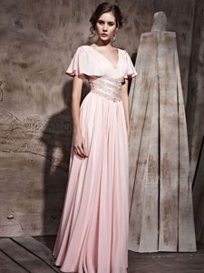 Pink Side Zipper V-neck Beading and Ruching Homecoming Dress Chiffon Short Sleeves