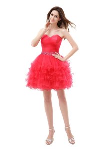 Knee Length Zipper Prom Dresses Red and In for Prom and Party with Beading and Ruffled Layers