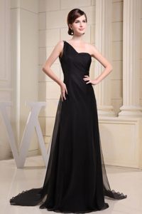 One Shoulder Prom Gowns Dresses Chiffon Watteau Train with Cutout Back