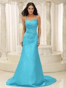 Exclusive Side Zipper Prom Celebrity Dresses Spaghetti Straps Sweep Train